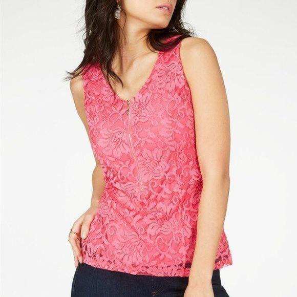 THALIA SODI Lace Zipper-Front Top Raspberry Pink L - Picture 1 of 5